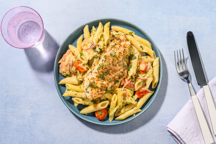 Heekfilet met romige penne en tomaten