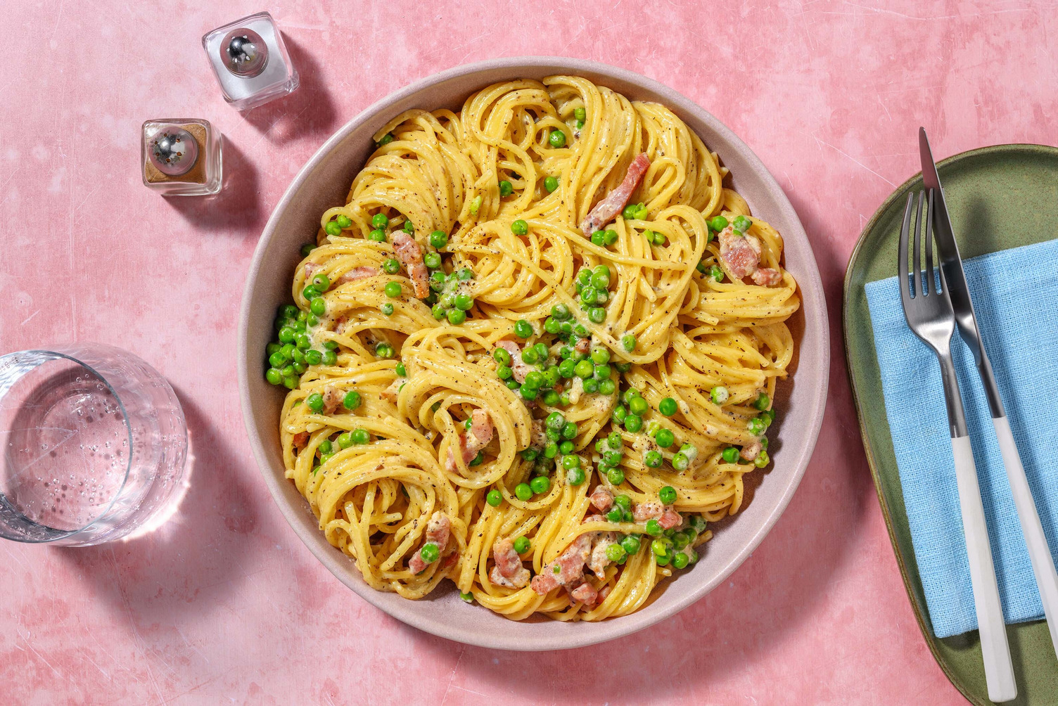Creamy Truffled Bacon, Prawn and Pea Spaghetti