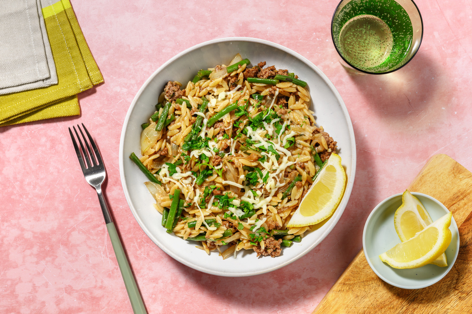 Orzotto au poulet, fromage & haricots verts