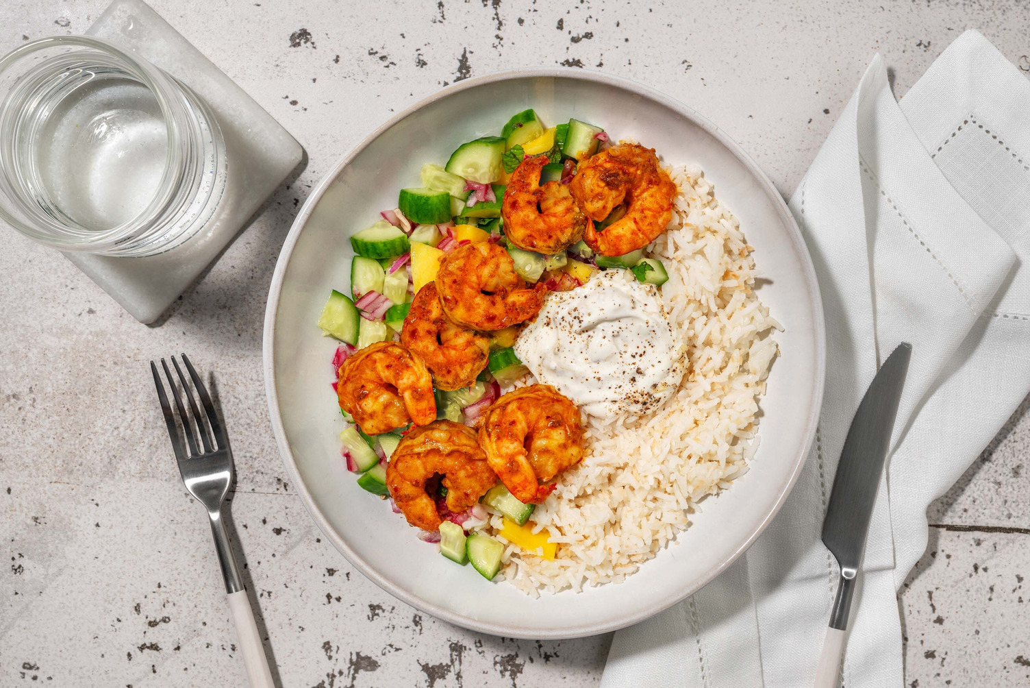 Indisk tandoori-rejebowl