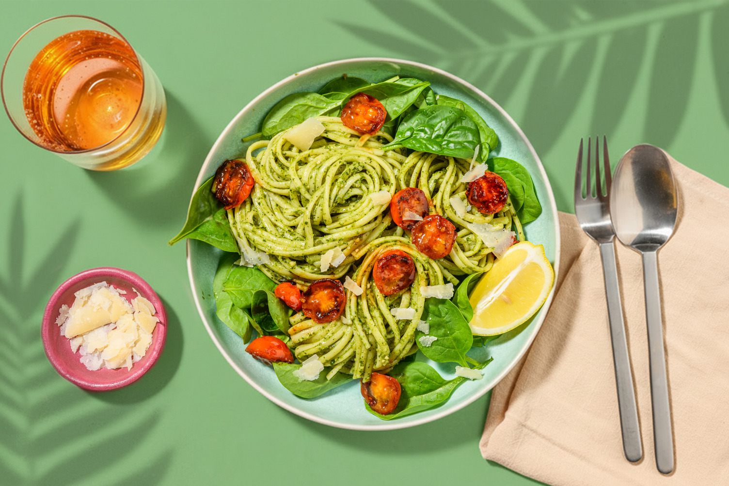 Spaghetti complets & pesto basilic-épinards