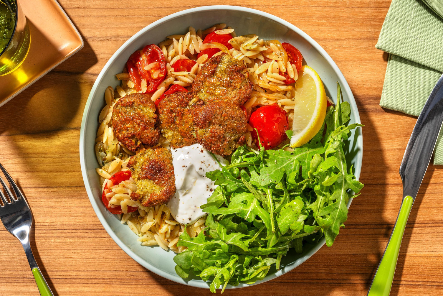Smashed Falafels and Buttery Pesto Orzo