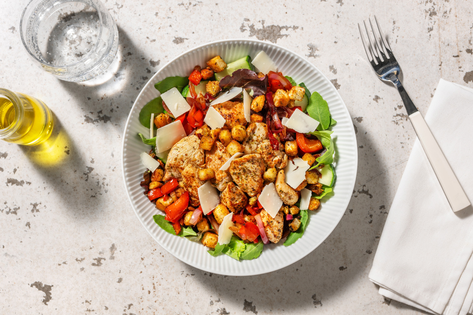 La Padano : poulet, crème de basilic & croûtons