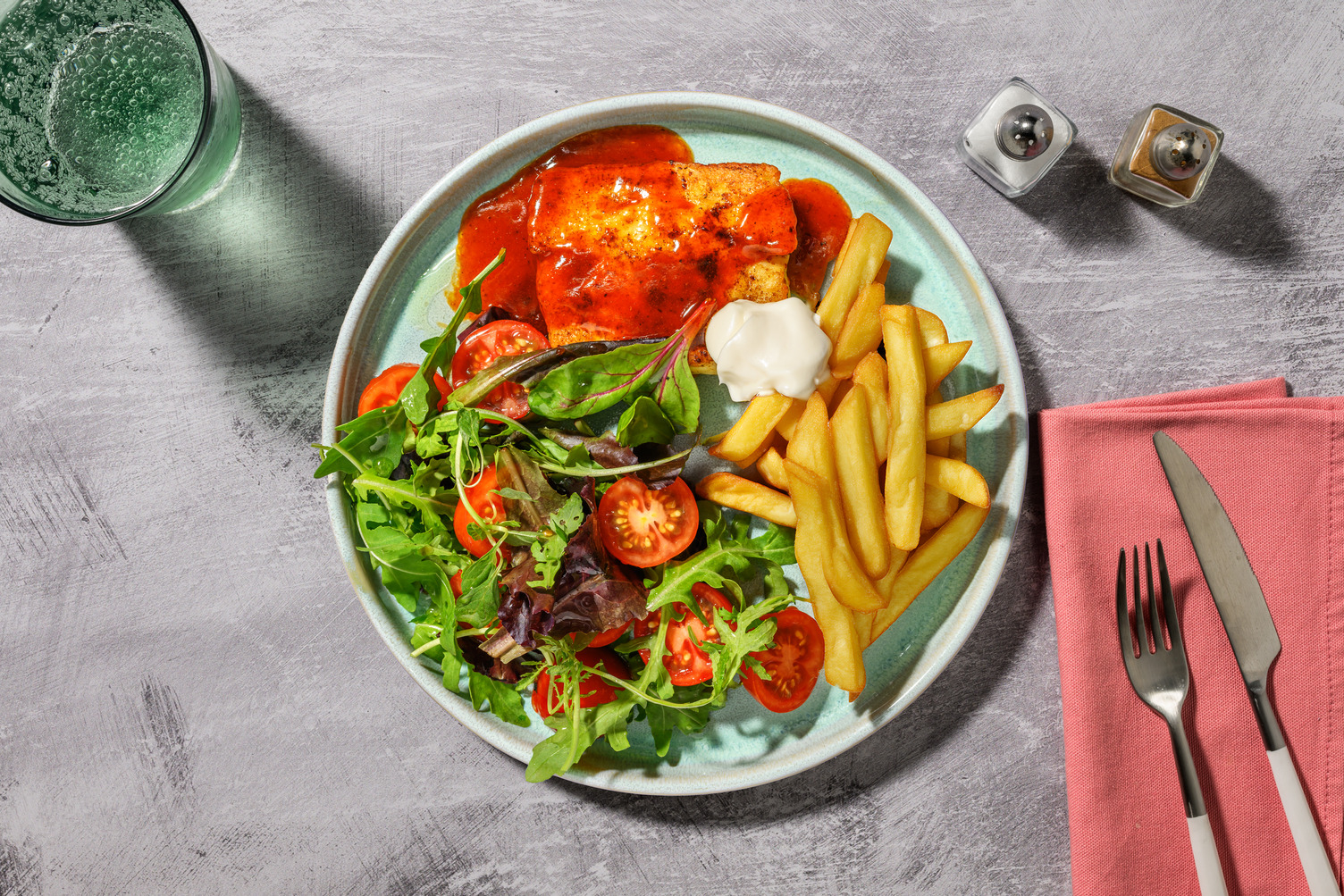 Spiced Halloumi Steaks in Hot Honey Sauce and Oven-Ready Chips