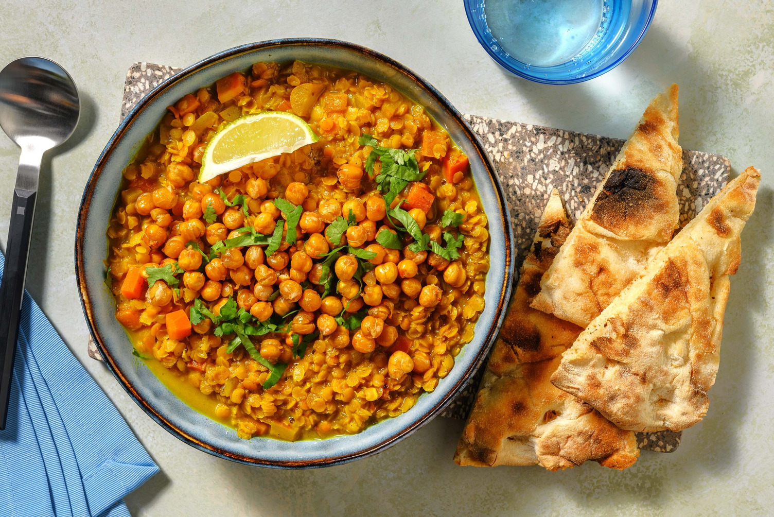 Dahl with Crispy Chickpeas & Naan