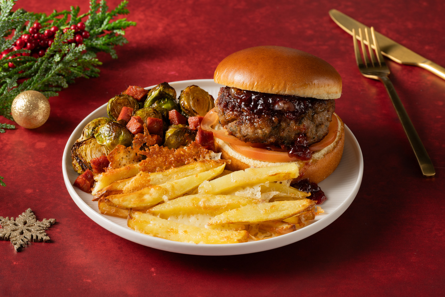 Festive Turkey Burger and Chorizo Sprouts