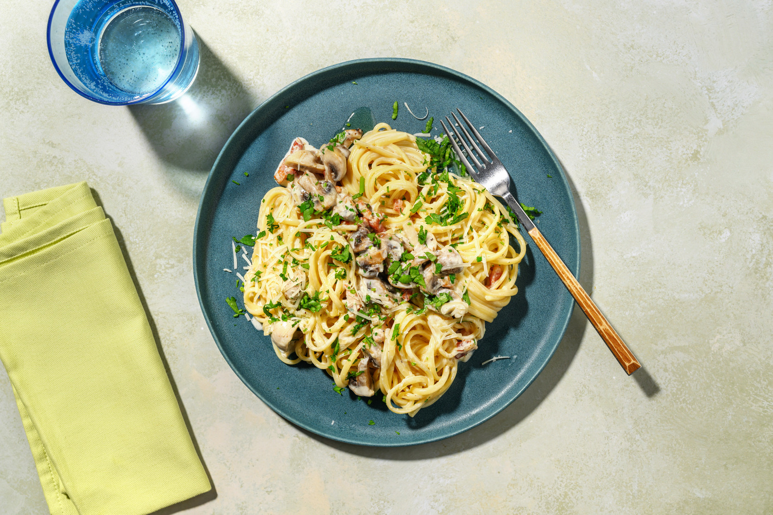 Spaghetti complets alla boscaiola & lardons