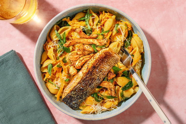 Paccheri in Pesto-Creme-Soße mit extra Lachsfilet