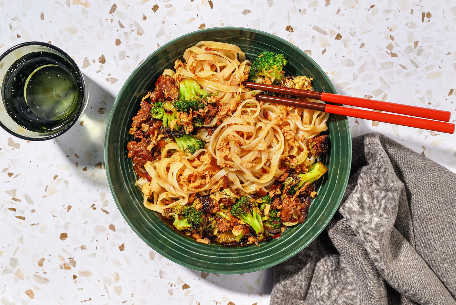 Beef Noodle Stir-Fry with Crispy Onions