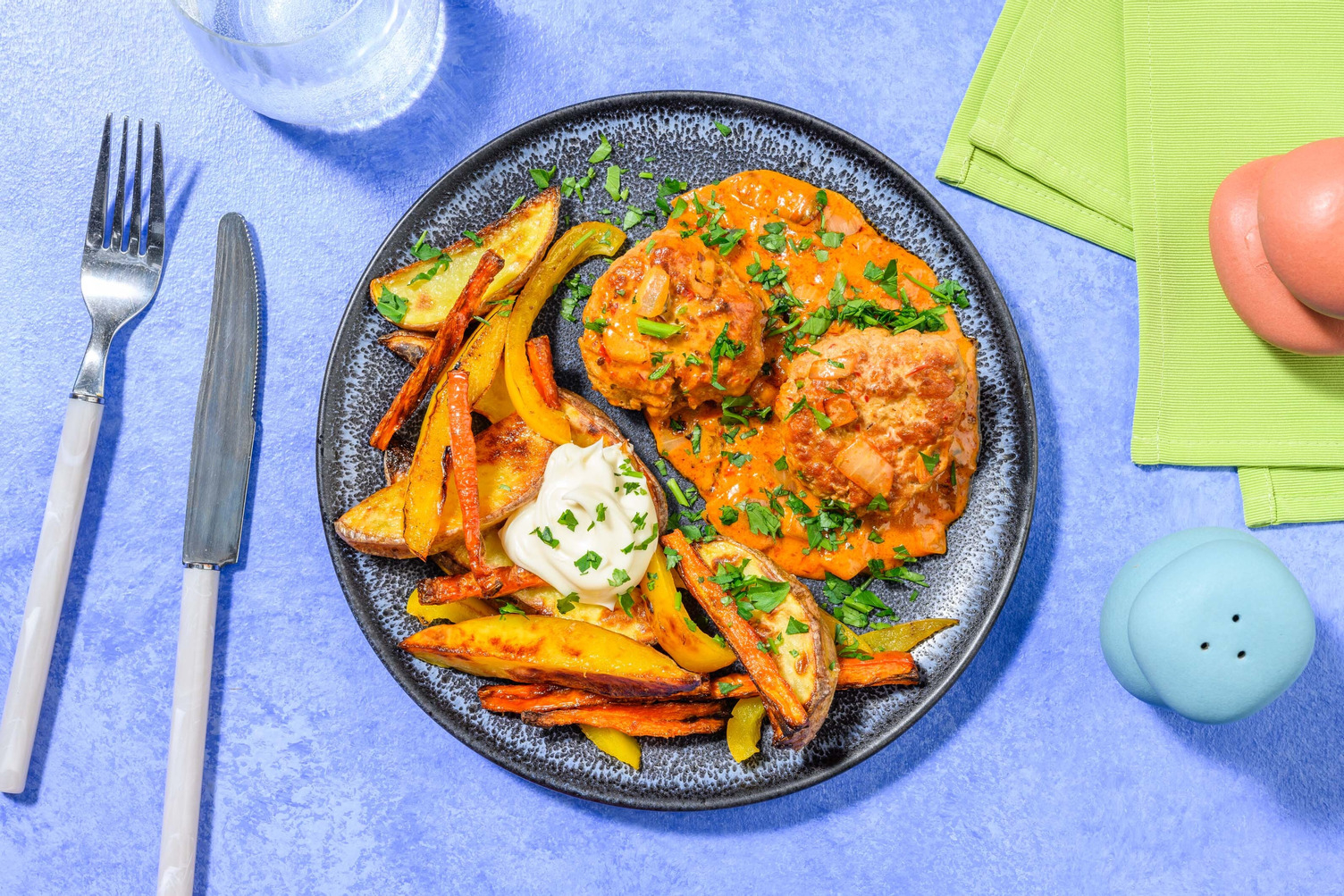 Mini-burgers porc-bœuf en sauce crémeuse à la tapenade