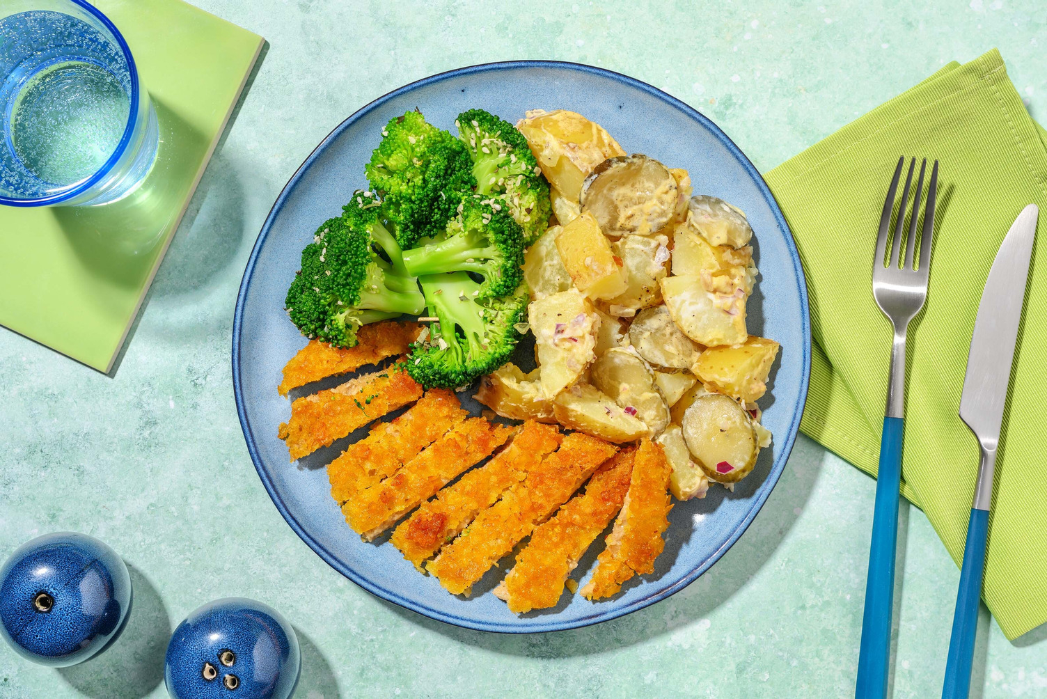 Veggie Schnitzel with Gomashio Broccoli