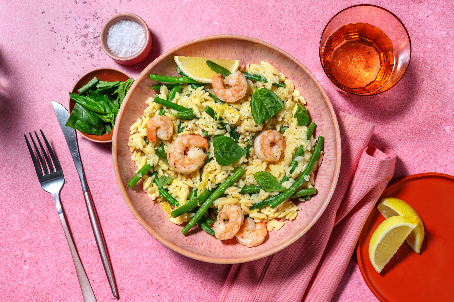 Riesengarnelen auf Zitronen-Knoblauch-Orzo