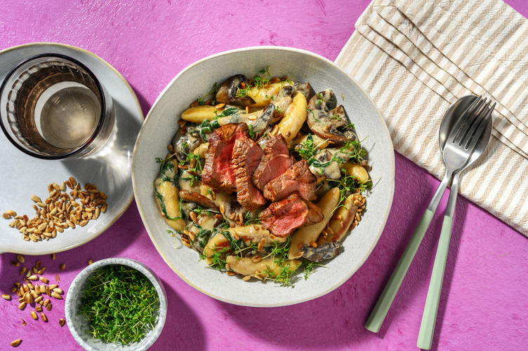 Schupfnudeln mit Portobello & Steak vom Weiderind