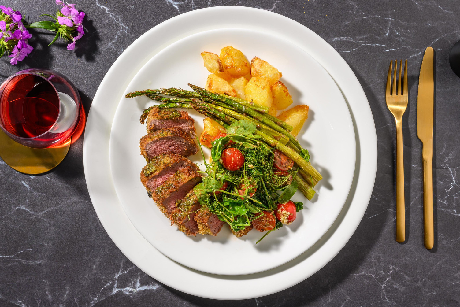 Pesto Crusted Lamb Steak and Mint Butter Potatoes