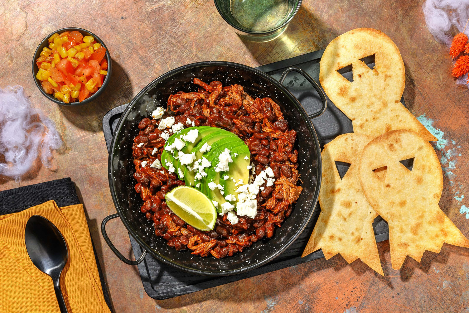 Creepy Chipotle Pulled Beef Chilli and Ghostly Dippers