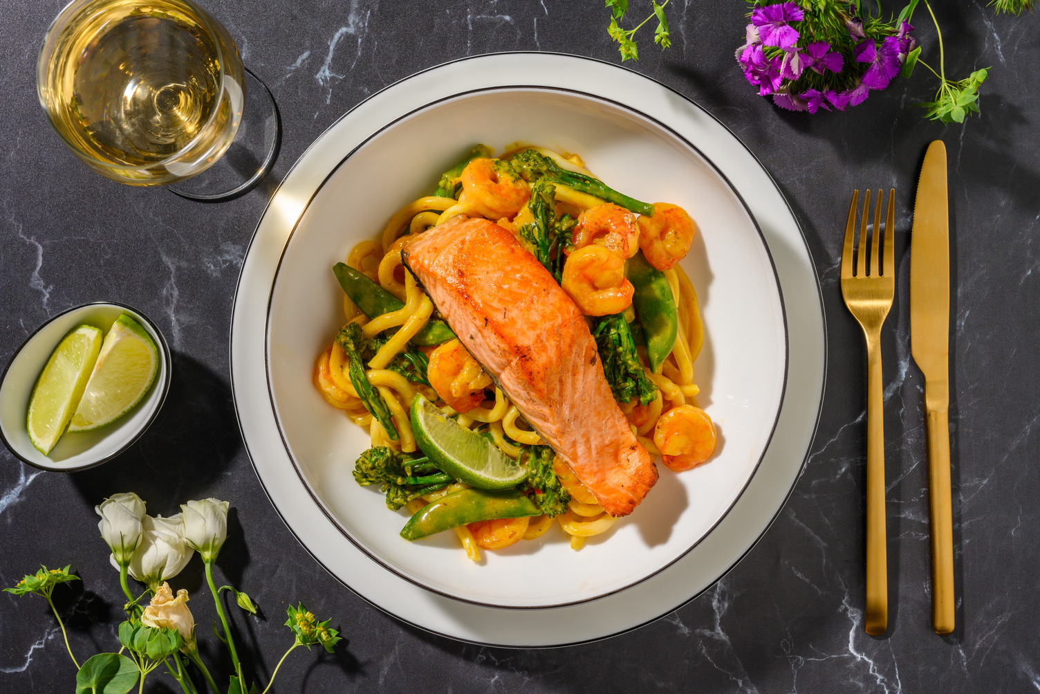 Miso Glazed Salmon and King Prawn Udon