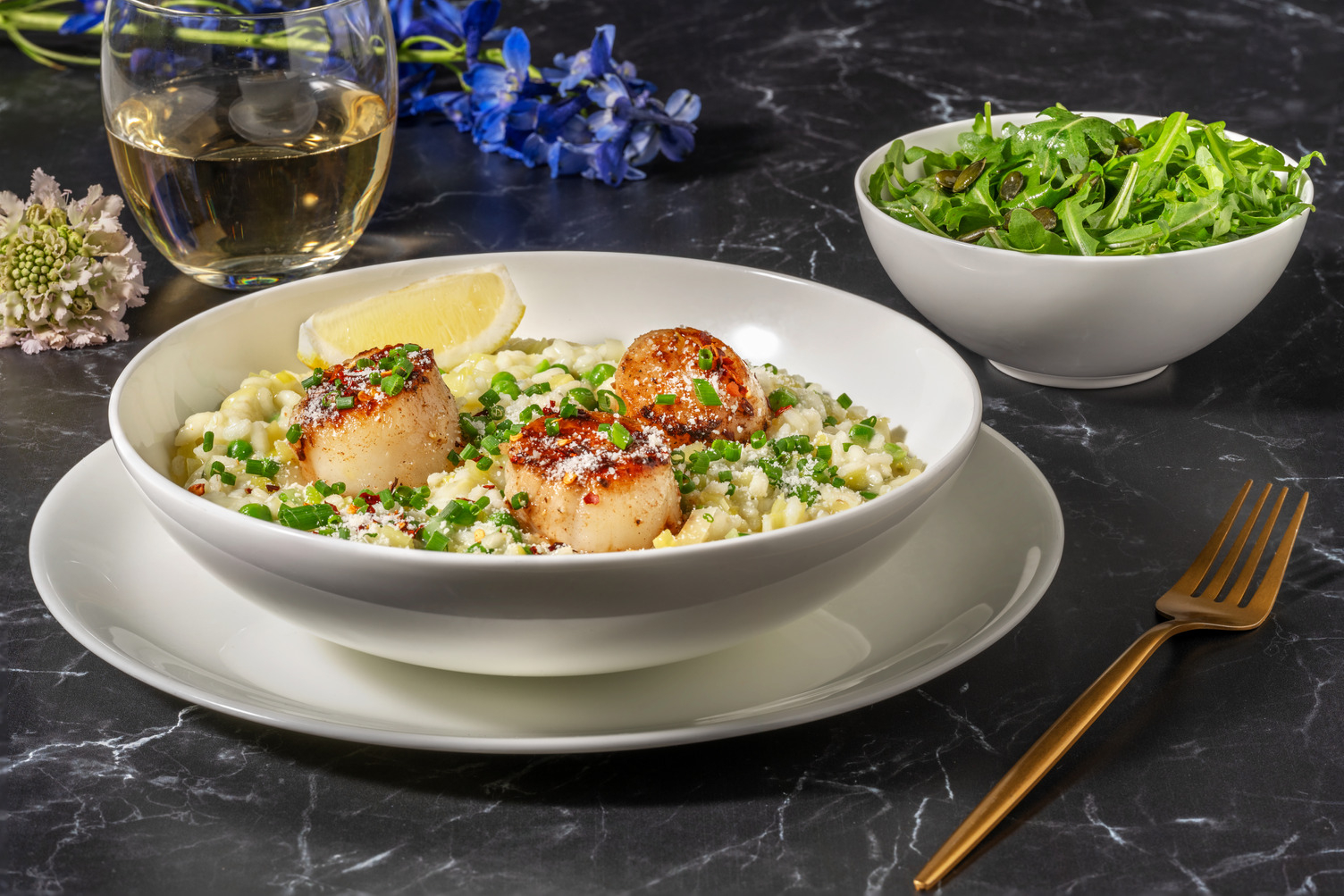 Seared Scallop, Lemon and Pea Oven-Baked Risotto