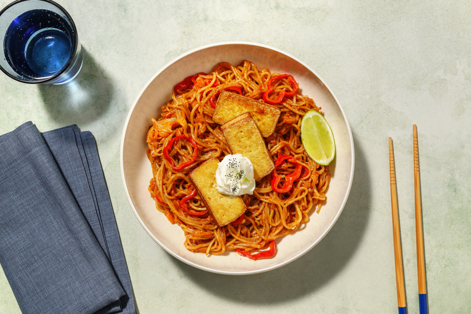 Fettucine mit crispy Sweet Chili Tofu