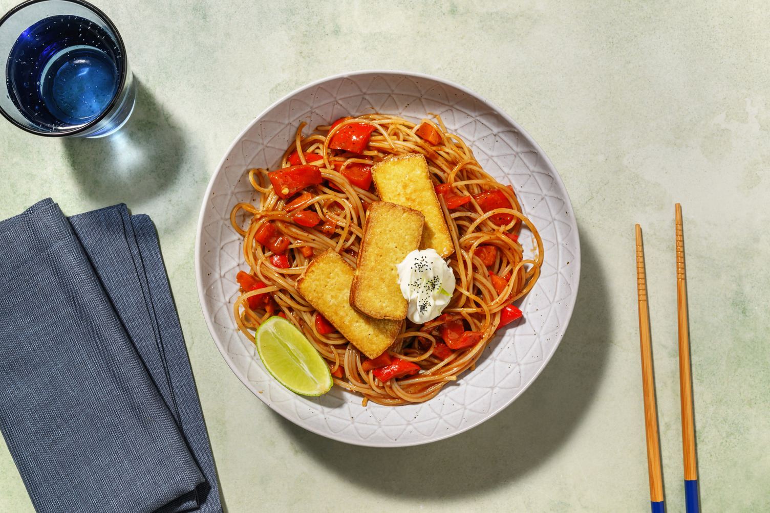 Fettucine mit crispy Sweet Chili Tofu
