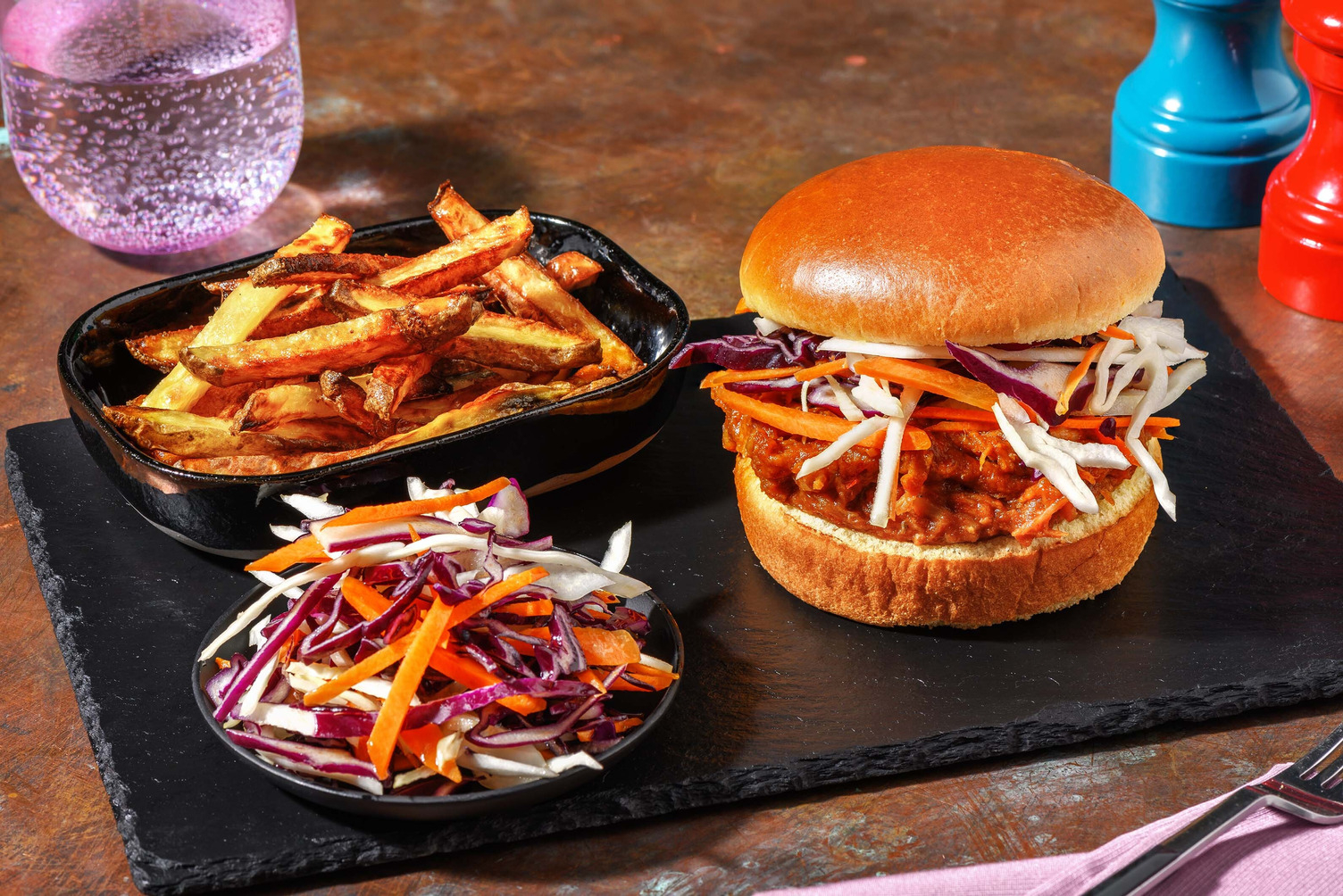 Thai Inspired Pulled Pork Burger and Sesame Chips