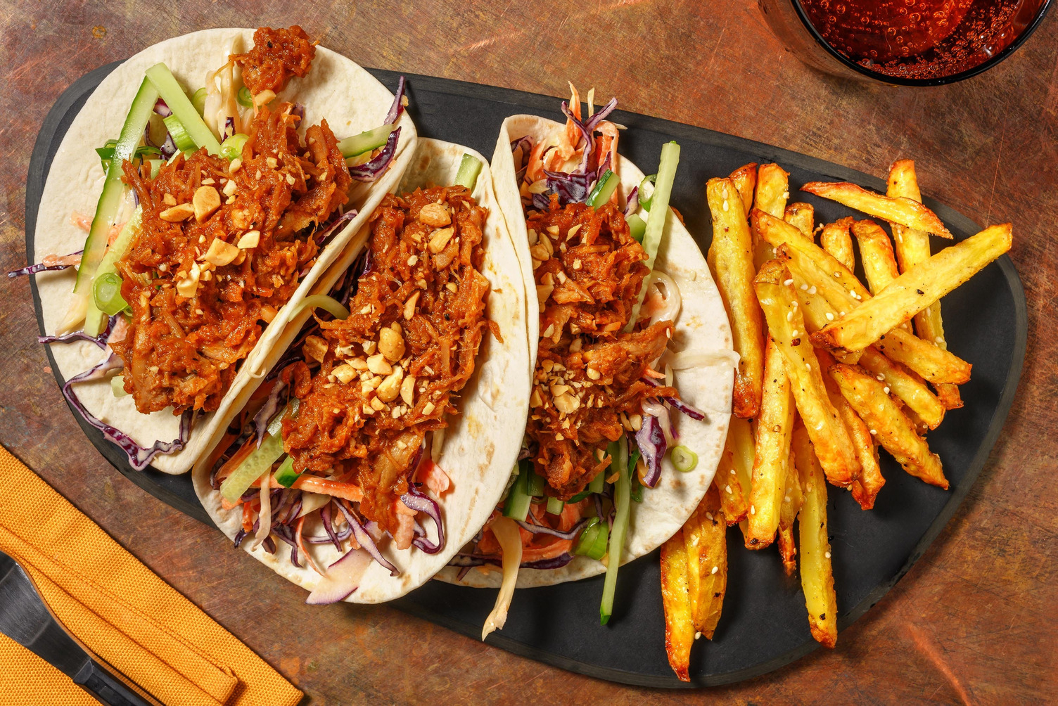 Hoisin Pulled Pork Tacos and Fries