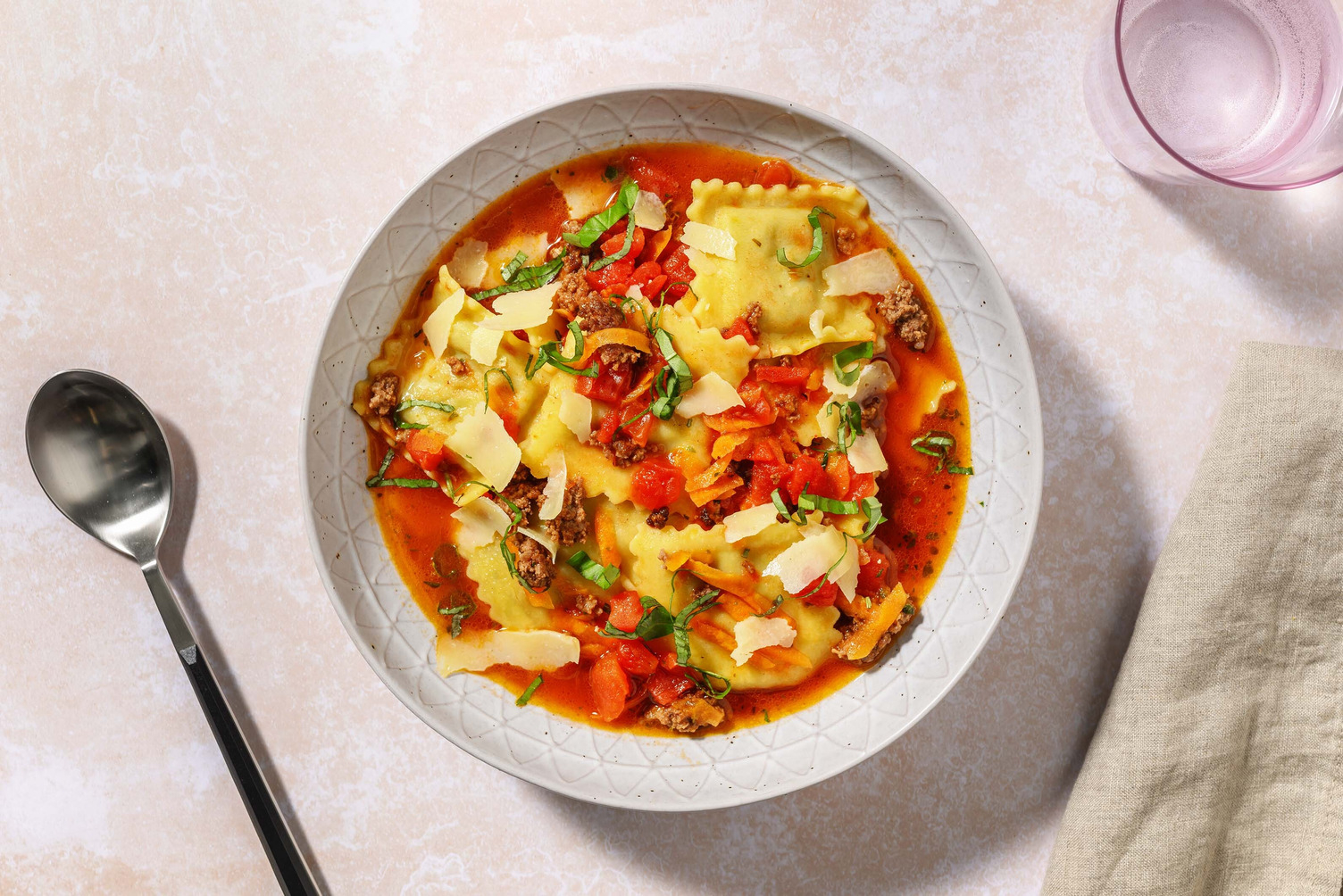 Hearty Tortelloni Soup with Beef & Basil