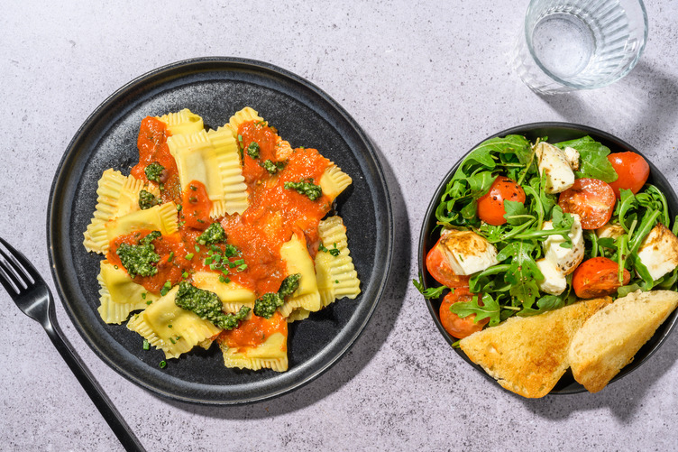Ultimate Cheesy Tomato and Pesto Ravioli