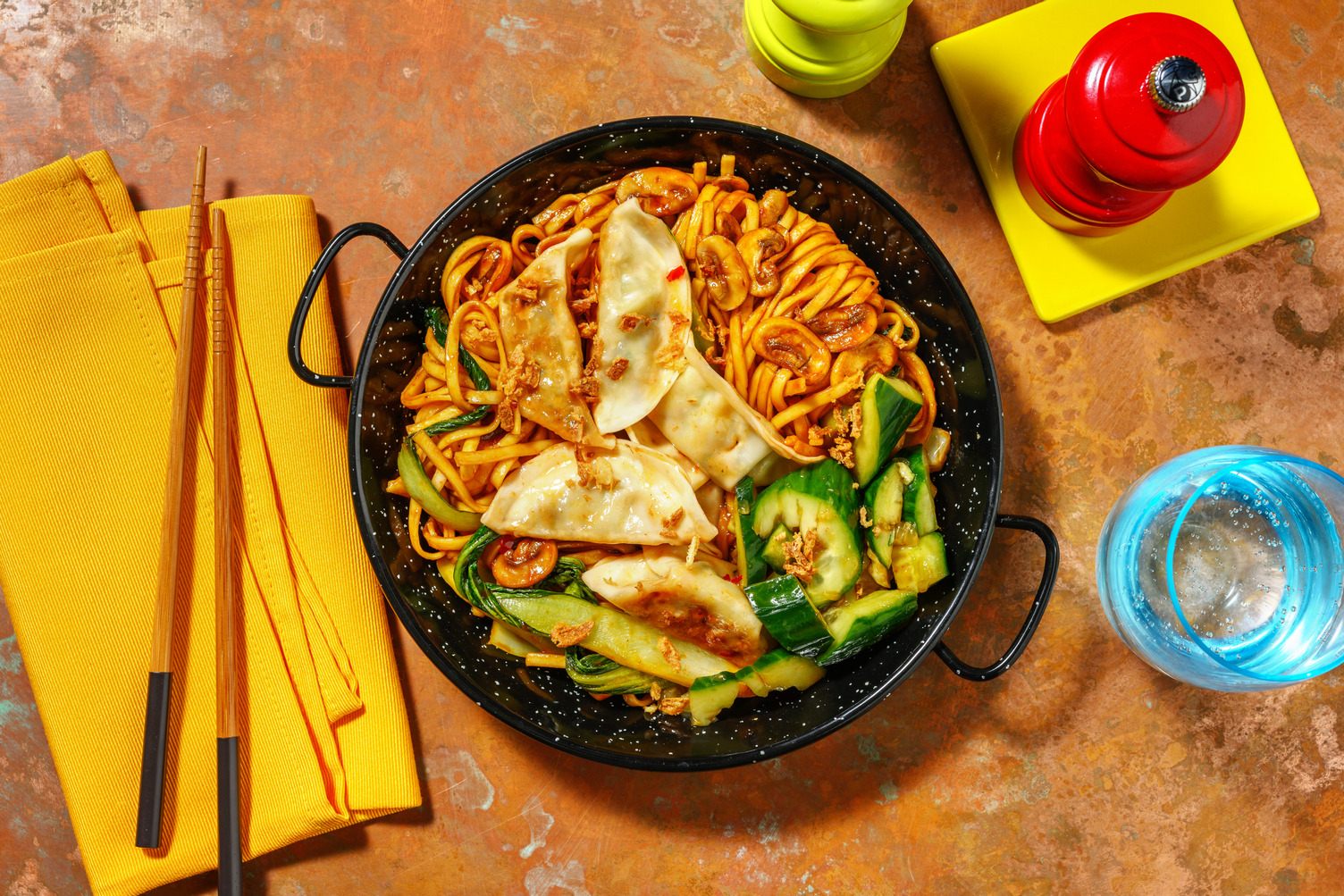 Sticky Veggie Udon Noodles and Sweet Chilli Gyozas