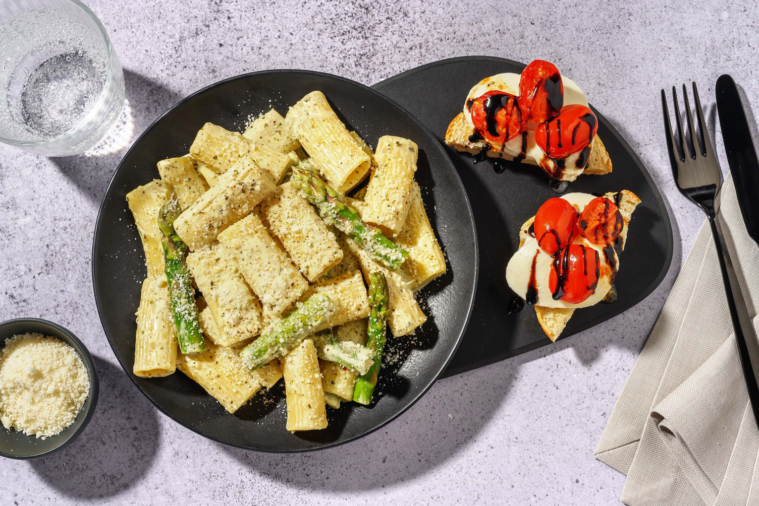 Ultimate Creamy Pesto Pasta and Caprese Bruschetta