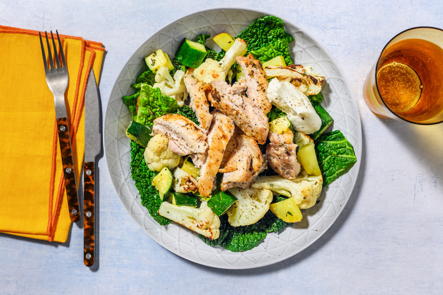 Garlic Salmon & Cauliflower-Kale Traybake