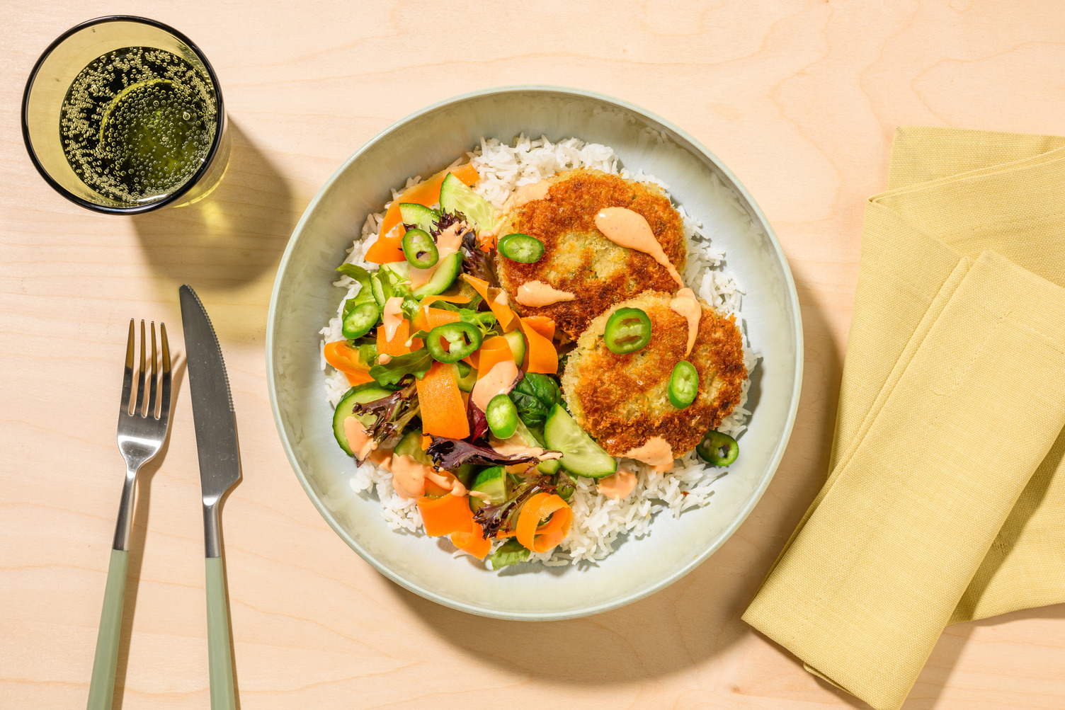 Asian-Style Hoki Fish Cakes & Garlic Rice