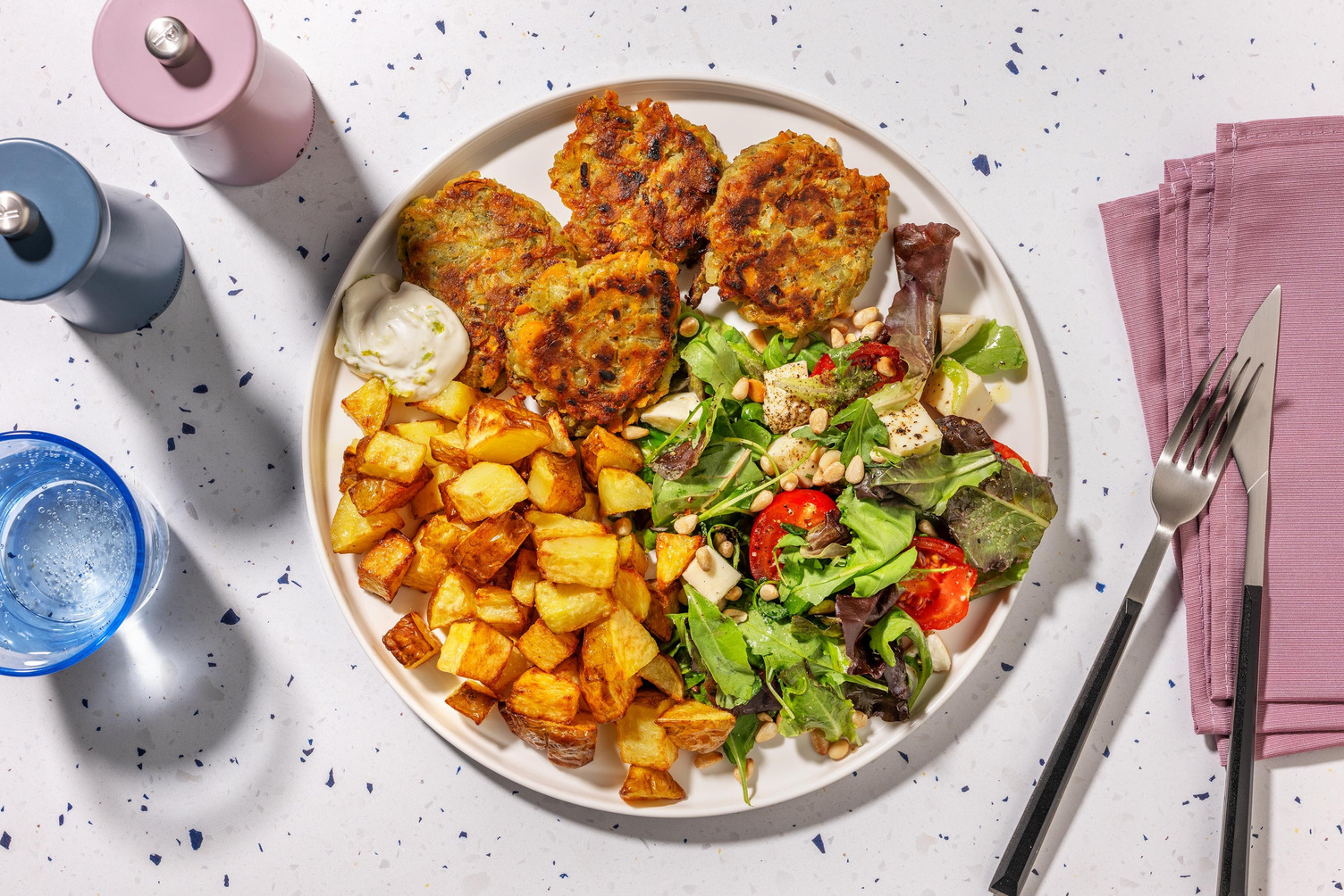 Pesto Veggie Fritters and Greek Style Salad