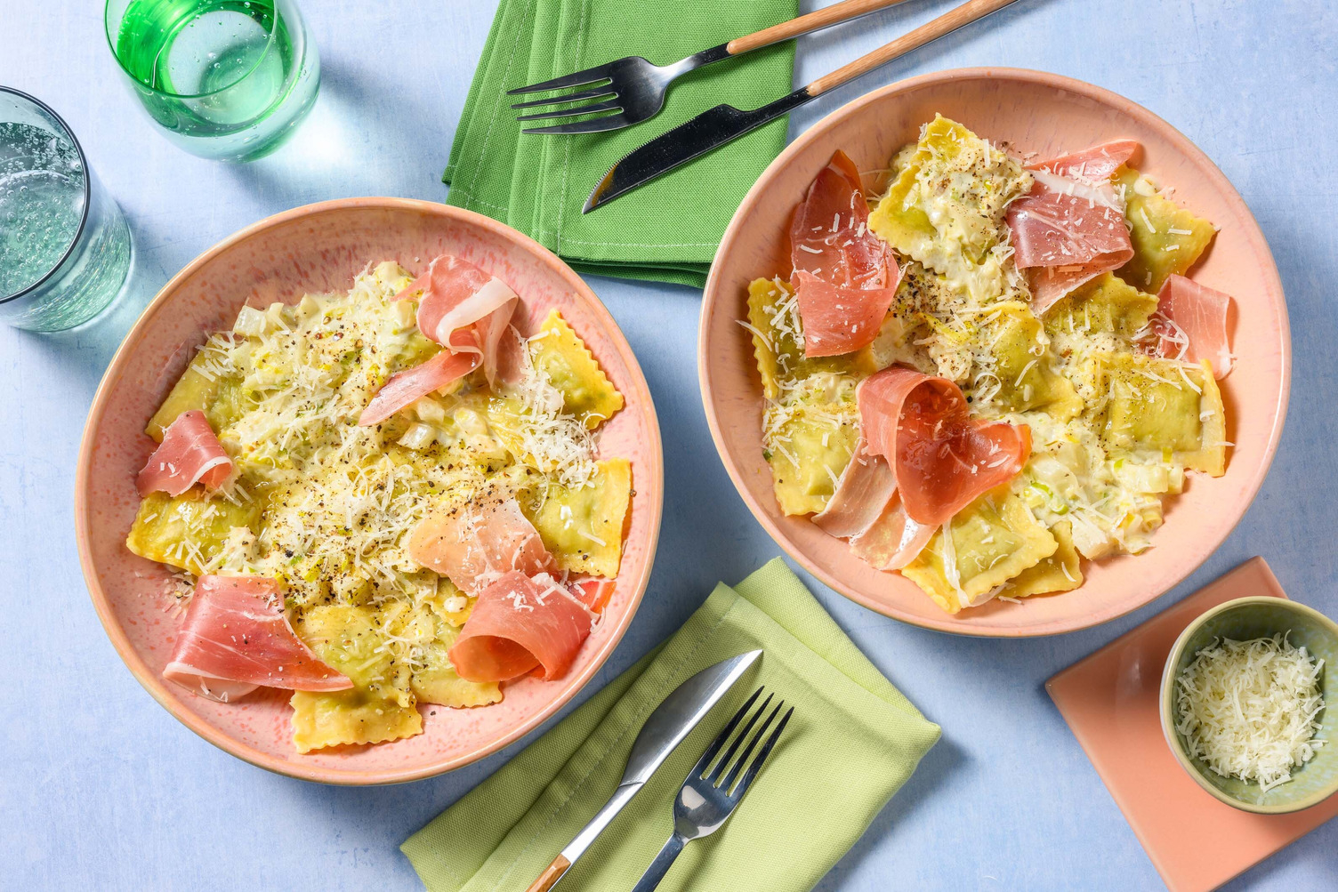 Pasta primavera et jambon serrano croustillant