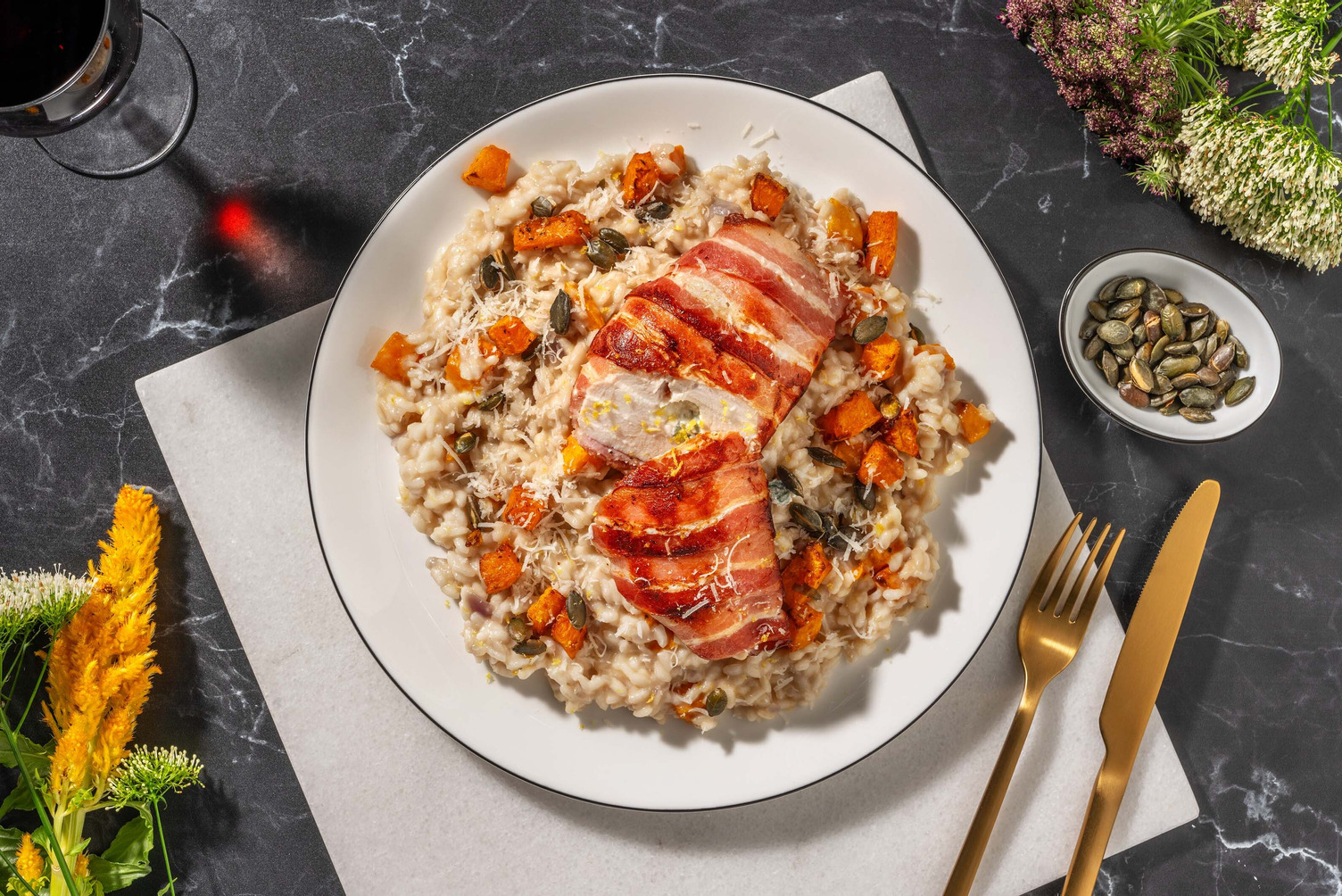Blanc de poulet au bacon sur lit de risotto au potimarron