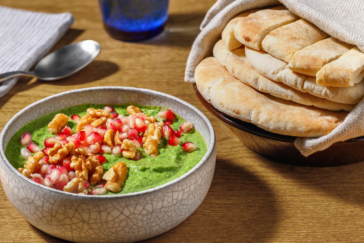 Spinach, Walnut & Pomegranate Dip and Flatbreads