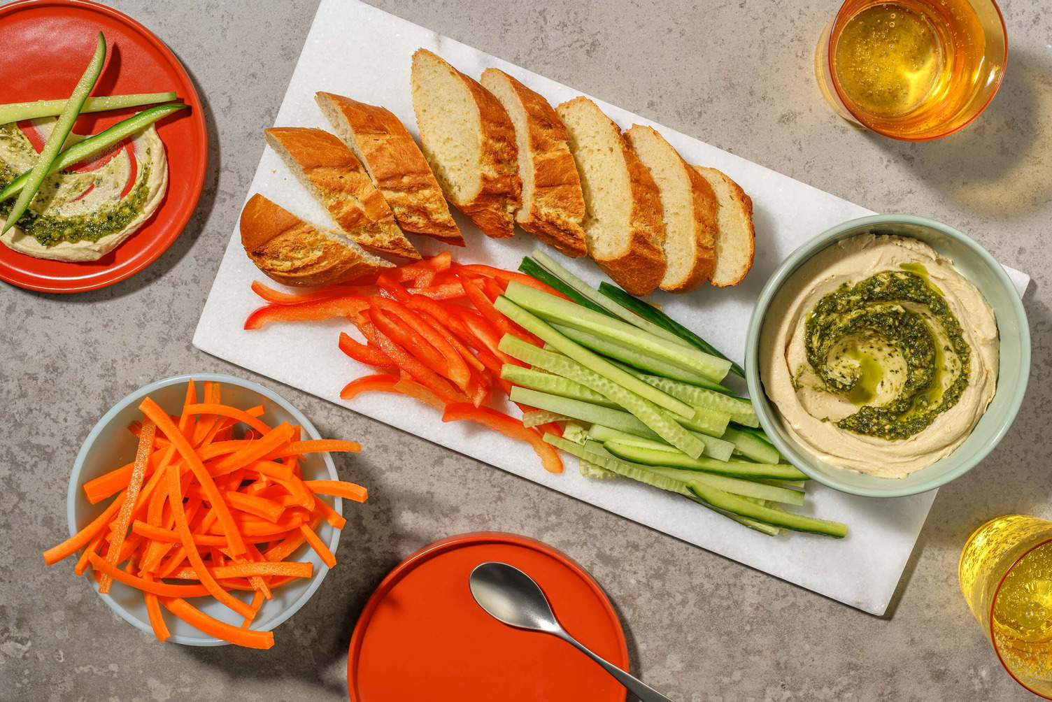 Pesto Swirl Houmous, Crudités and Crostinis