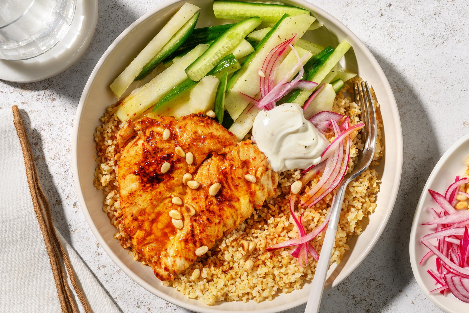 Honey harissa chicken and toasted pinenut 