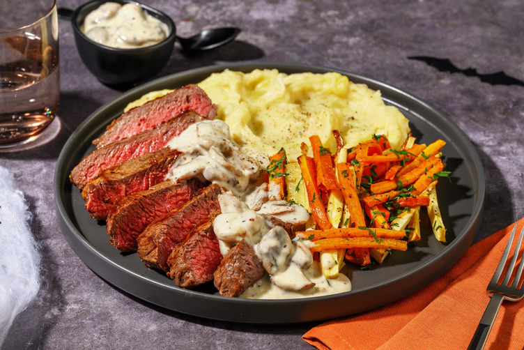 Rædselsrumpsteak og skrækkelig svampesauce