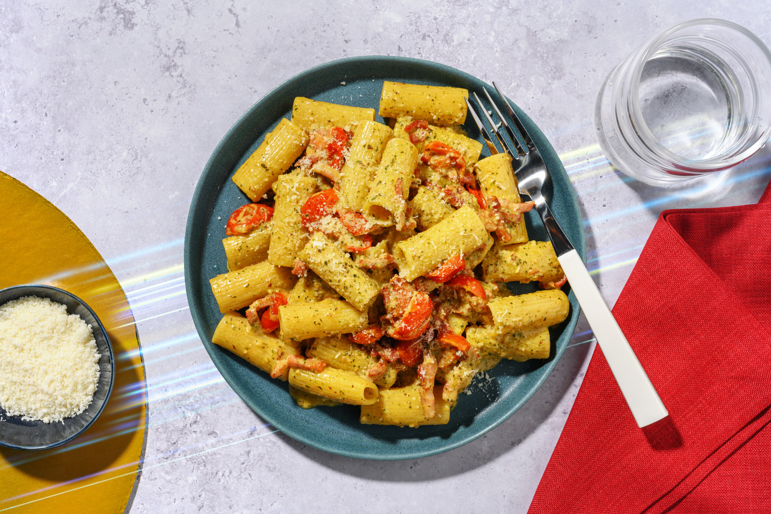 Rapid Pesto and Bacon Rigatoni