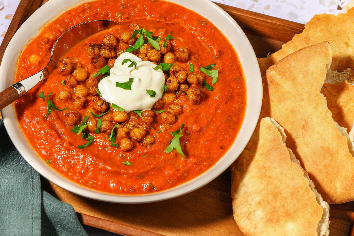 Harira-Style Soup with Roasted Chickpeas