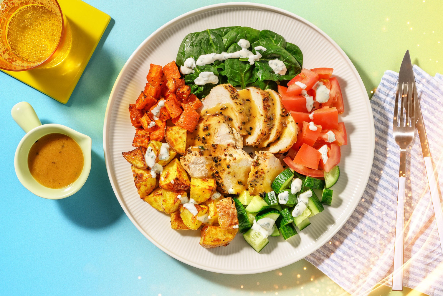 Ovnbagt kylling med grøntsagskarrusel