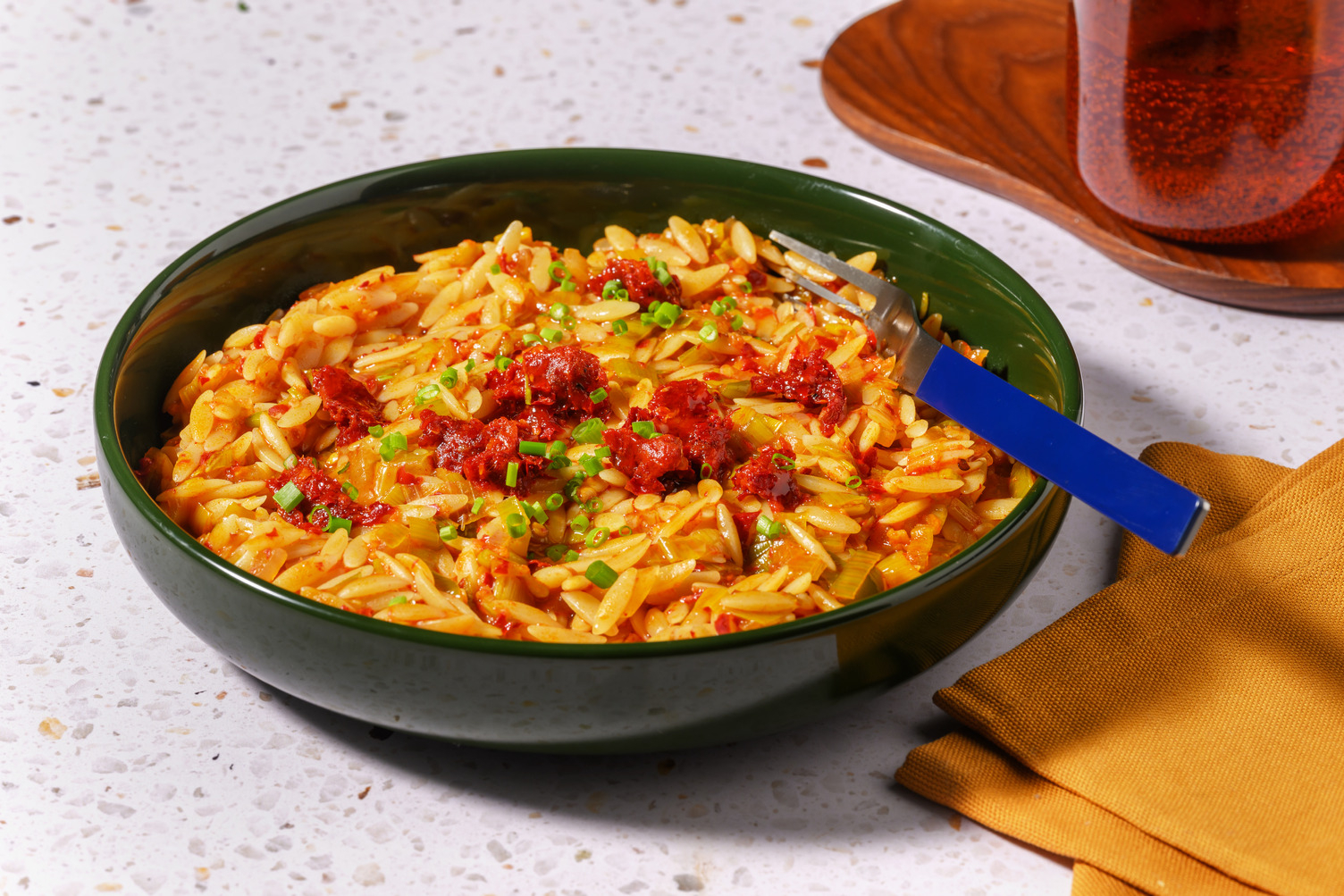 Orzo cremoso con sobrasada de Mallorca y miel