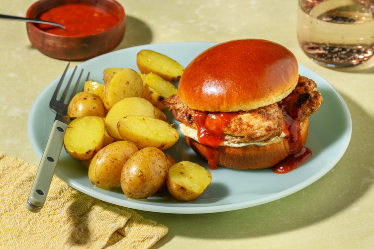 Cheesy Chicken Burger with Herby Potatoes