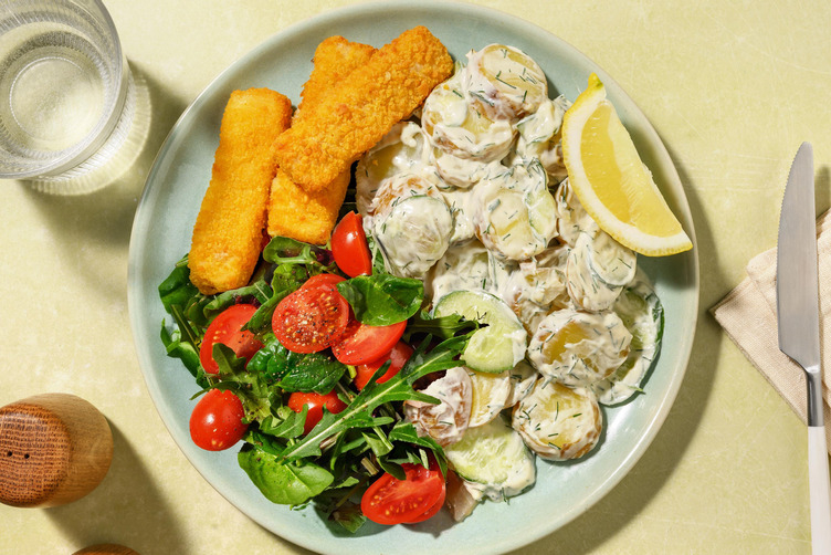 Bâtonnets végés façon poisson et salade de grenailles au yaourt et à l'aneth