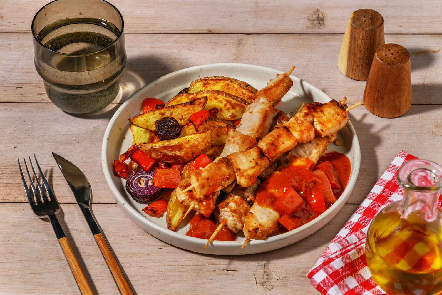 Arrosticini di suino speziati e sugo ai peperoni