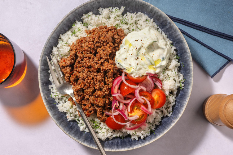 Mediterranean souvlaki spiced beef bowl