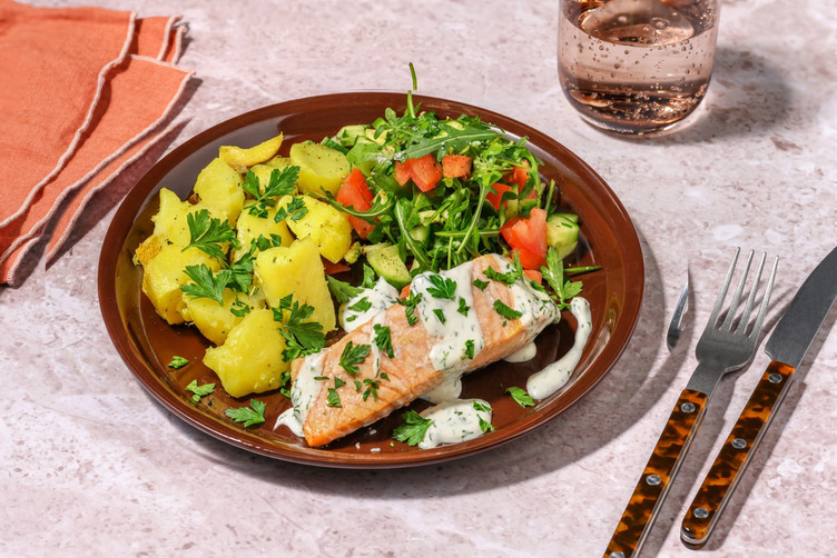 Seared Salmon, Halloumi & Lemon Crushed Potatoes