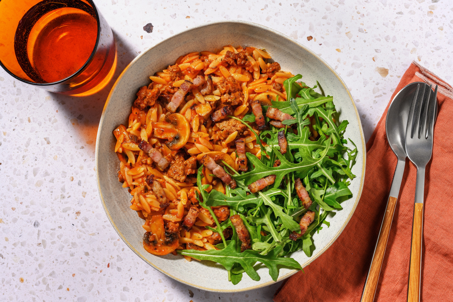 Easy Beef and Bacon Bolognese Orzo
