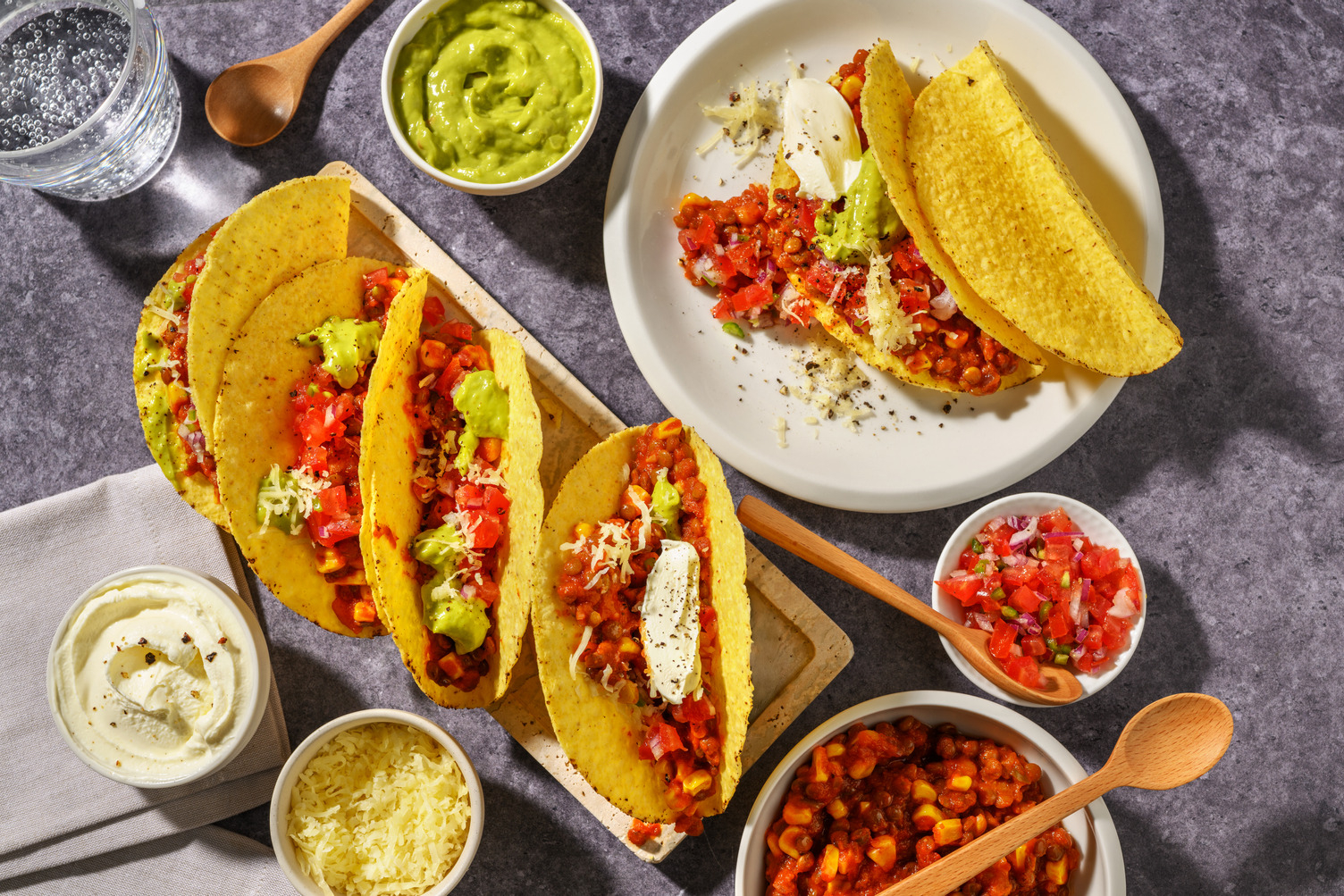 Cheesy Chili Sin Carne Tacos with Guacamole