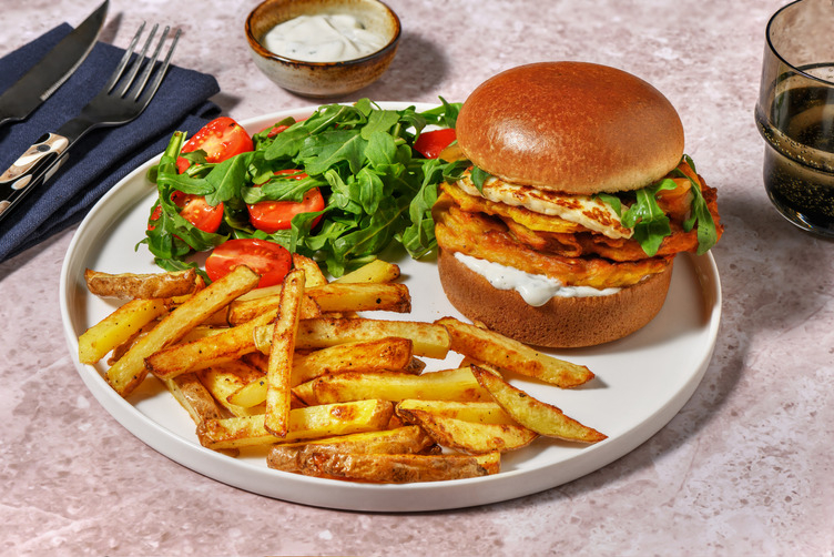 Halloumi & Onion Bhaji Fritter Burger and Chips